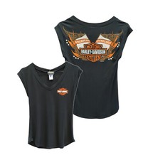 HT4873-BLK T-shirt smanicata collo a  V Harley Davidson brillantini donna nera