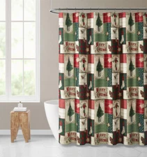 Merry Christmas Evergreens & Ornamets Plaid Farmhouse Fabric Shower Curtain