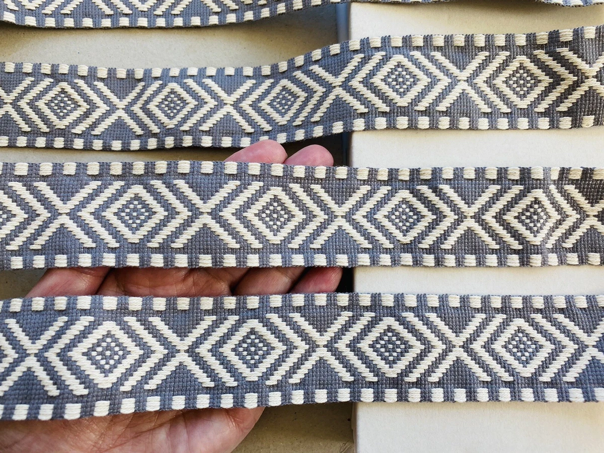 2 Yards Greyish Blue & White Jacquard Ribbon Trim Sewing/Crafts