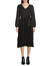 T Tahari Printed Tie-Waist Pleated MIDI Dress Womens 12 Black/Silver Button Back