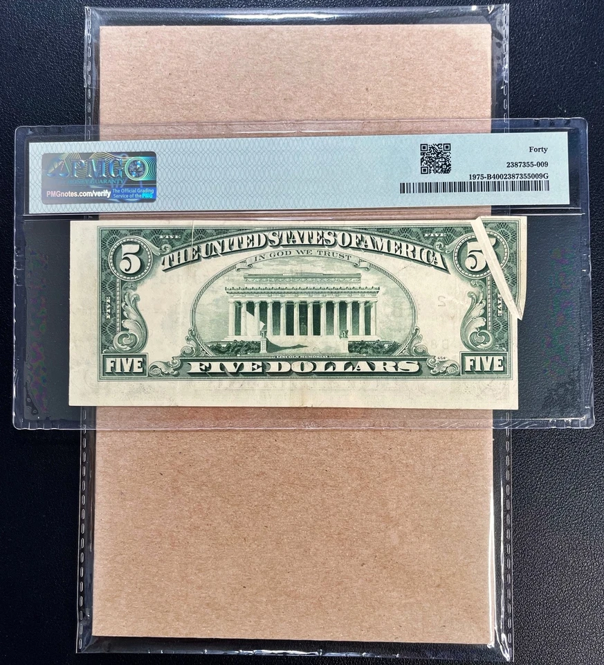 Fr. 1975-B 1977A $5 FRN NY "GUTTER FOLD ERROR" PMG 40 - XF - Image 3 of 3