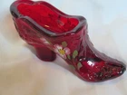 4 3/4" Long Fenton Ruby Red Glass Shoe, Hand Painted and Artist Signed