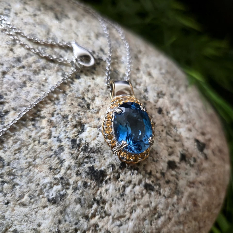 LONDON синий топаз и цитрин драгоценный камень серебро ожерелье примерно "18 дюймов - Изображение 2 из 4