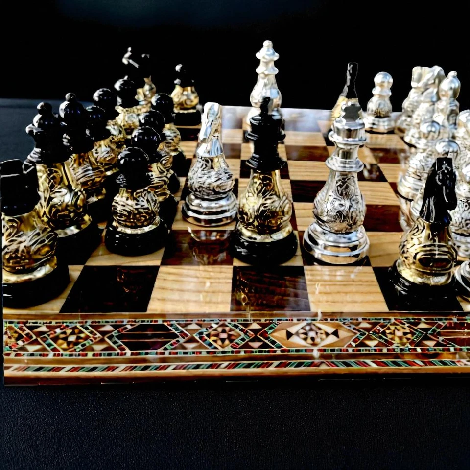 Handmade Weighted Chess Set – X Large Wood Inlaid Board 16.5" - Christmas Gift🎁 - Image 3 of 4