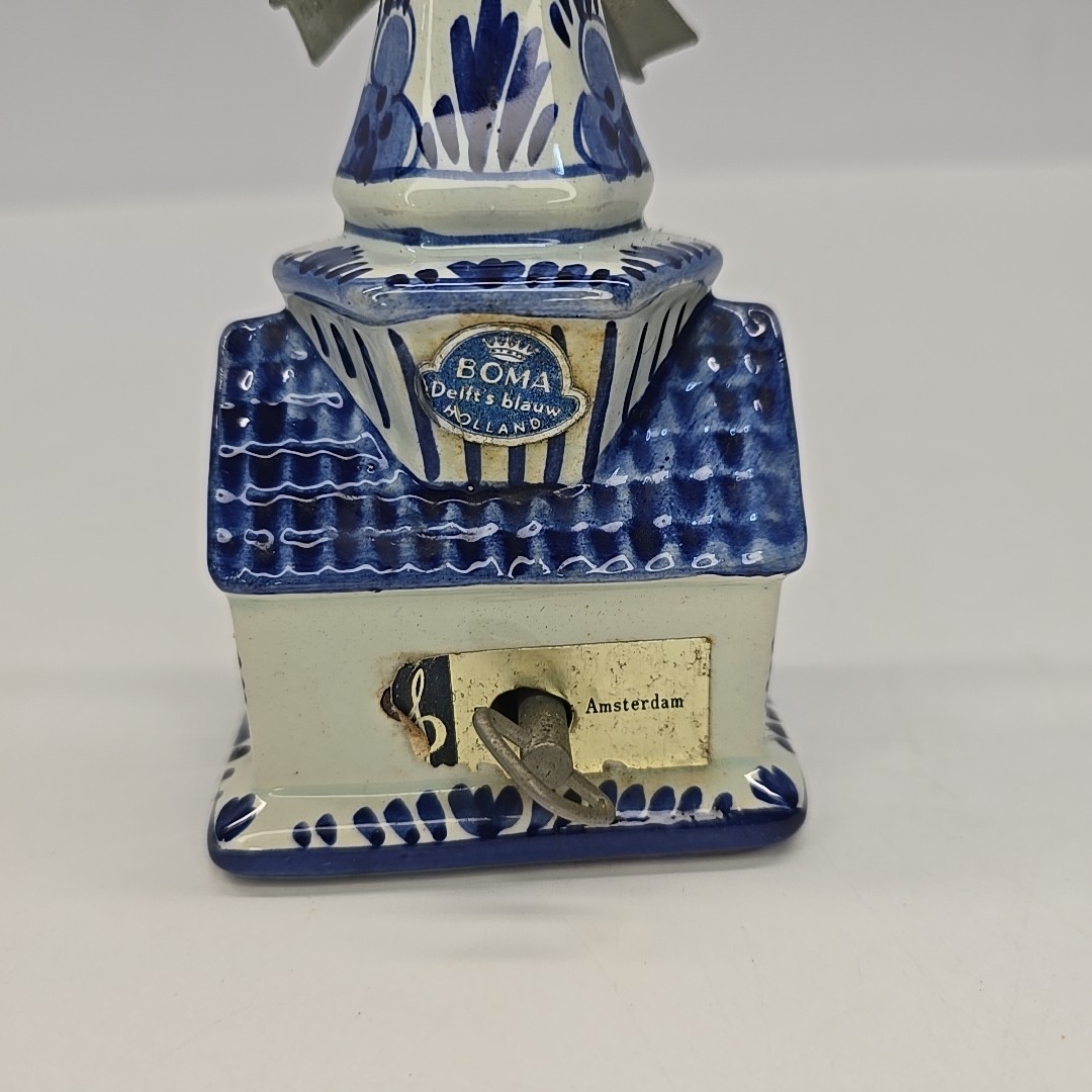 Vintage Boma Delft Blauw Holland Music Box Windmill Moves Blue & White Works