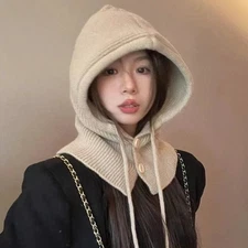 Winter Knit Beanie Hat with Hooded Scarf for Cold Weather Neck and Head Warmth