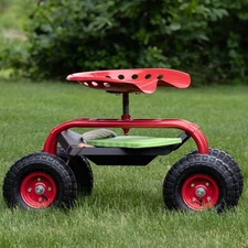 Steel Rolling Garden Cart with Swivel Steering/Tray - Red by Sunnydaze