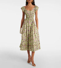 Tory Burch Blue Floral Poplin Midi Dress Scoop Neck Smocked Waist 10 retail $500