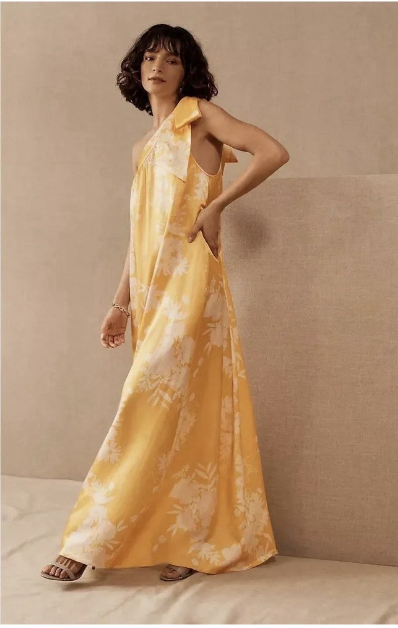 BHLDN X Free People Floral Satin One Shoulder Maxi Lanna Dress Yellow Size M