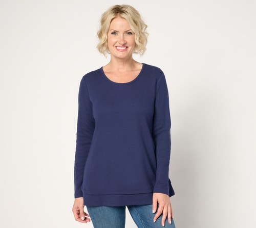 Denim & Co. Damen Top Petite PM Essentials Waffelstrick U-Ausschnitt Blau A627199