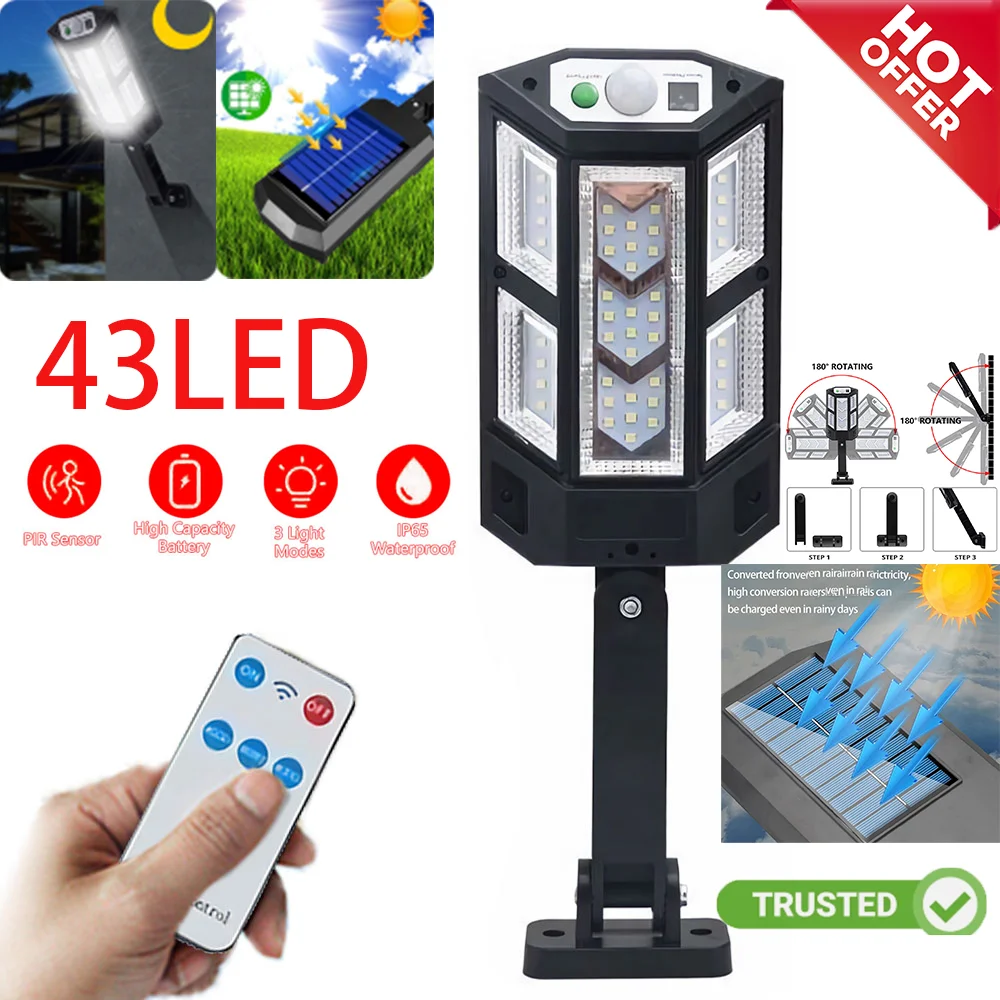 43 LED Solar Outdoor Security Light Motion Sensor IP65 Garden Street Lamp Remote