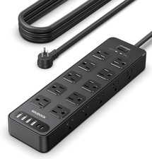 Flat Plug Power Strip Surge Protector with 20 AC Outlets 6 USB Ports, 1875W/15A,