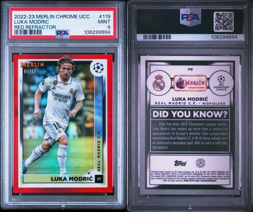 2022-23 Topps Merlin Chrome UEFA UCC Luka Modric /10 Red Refractor PSA 9 #119 - Picture 3 of 3
