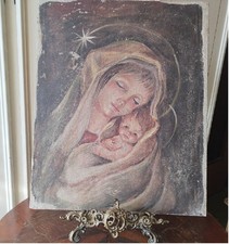 Quadro Affresco a Strappo su Tela cm.57 Madonna Bambino Maternità antico dipinto