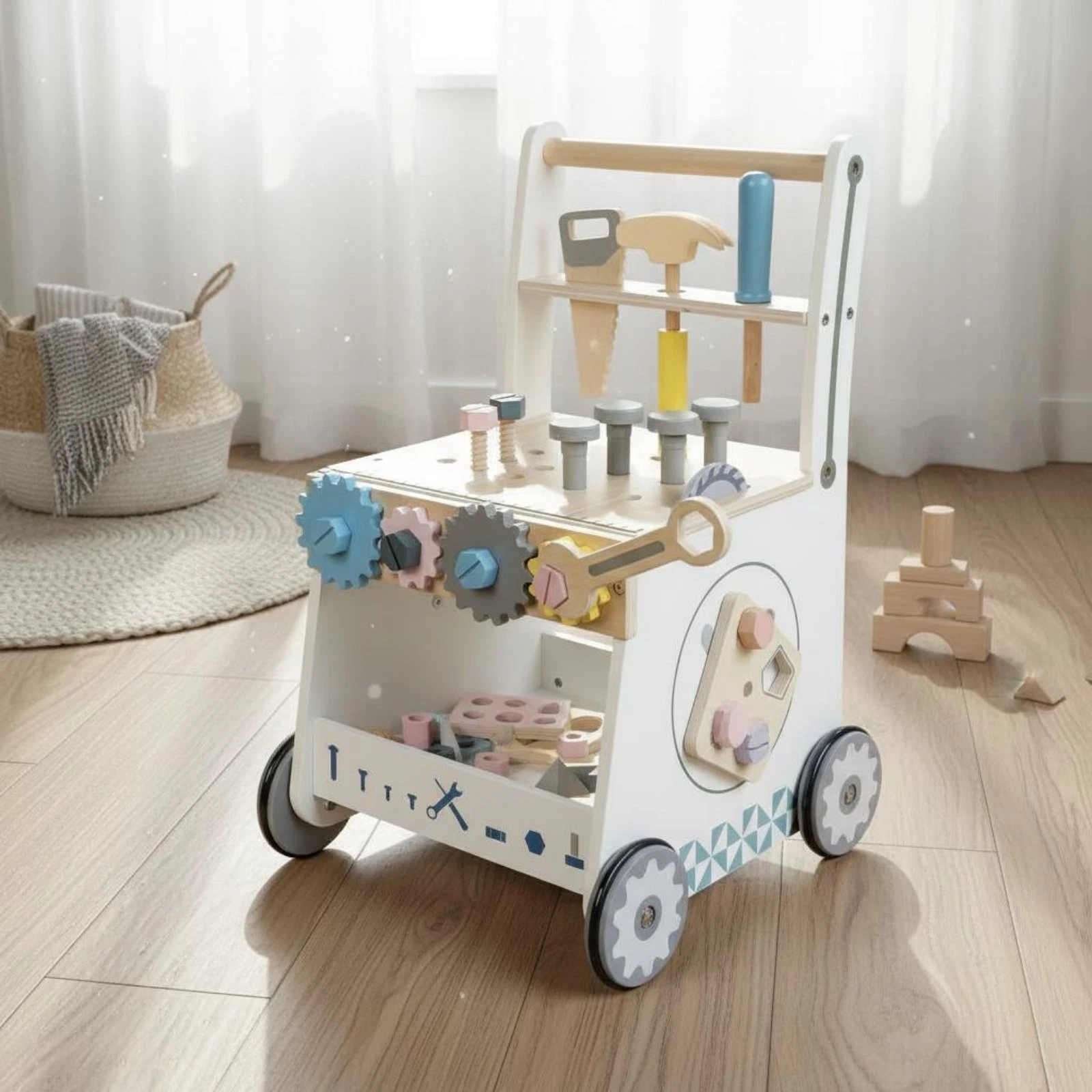 Tool Wagon Pusher Early Strolling Assist Wooden Infant Push Toy Fine Movement