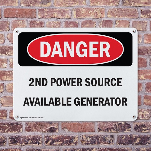 (2 Pack) 2nd Power Source Available Generator OSHA Danger Sign Decal Metal - Imagen 4 de 23