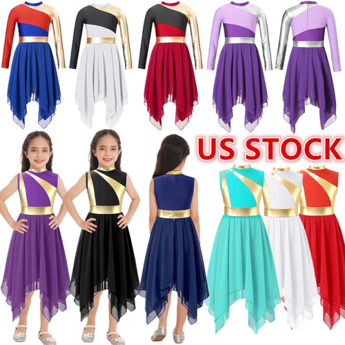Kinder Mädchen Liturgisches Lobpreis Tanz Kleid Metallic Farbblock Tunika Gottesdienst - Bild 1 von 95