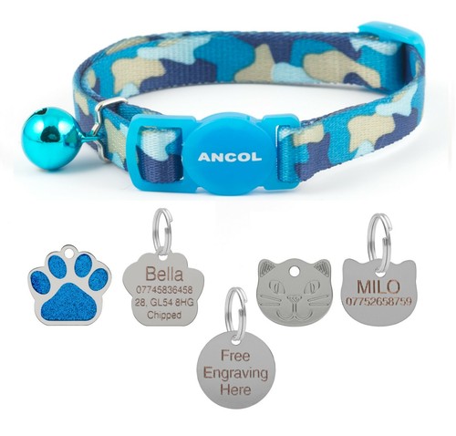 Cat Collar Ancol Camouflage Safety Release Pink Blue Green Optional Engraved Tag - Picture 3 of 8