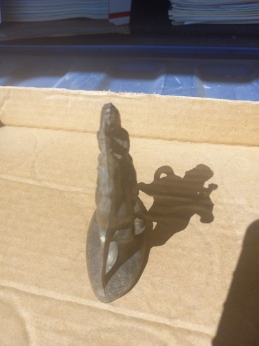 Native American Statue Metal Indian on Horse War Bonnet Tomahawk 3 1/2" Patina - Picture 2 of 6