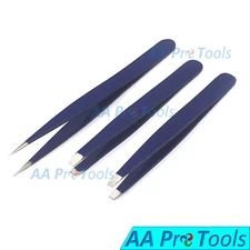 3pcs Blue Eyebrow Tweezers/Set - Best Stainless Steel Plucking Hair Tweezers