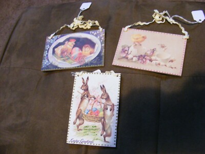 Vintage postcard style Easter ornaments Bunny Chick Egg Glitter set of 3 NWT