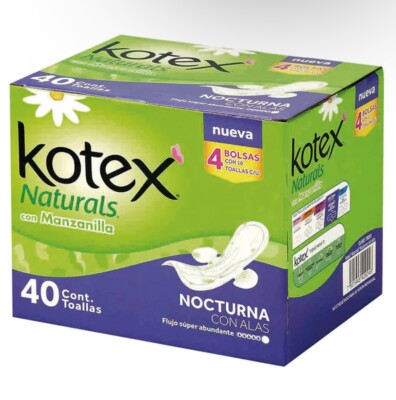KOTEX NATURALS CON MANZANILLA/NOCTURNA CON ALAS/40TOALLAS/CHAMOMILE NIGHT PADS