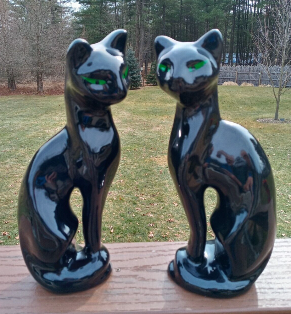 Vintage Pair Black Ceramic Siamese Cat Figurines 11 inches Green Eyes Statues