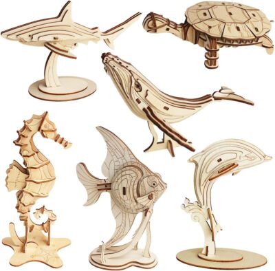 3D Wooden Sea Animal Puzzle - 6 Piece Set Wood Sea Animals Skeleton Assembly