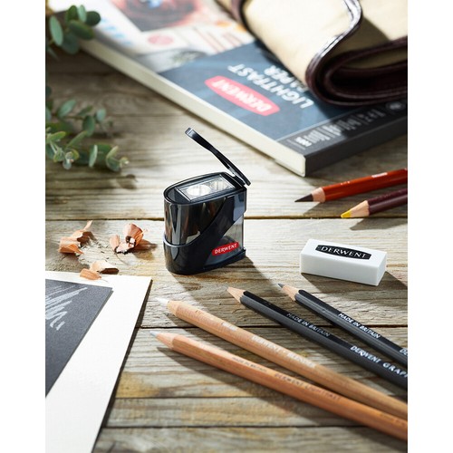 2x Derwent Art/Craft Twin Hole 8.25/11.5mm Pencil Sharpener w/Reservoir Black - Picture 7 of 7