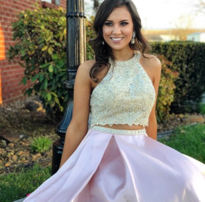 knee length dresses for ladies Pink Tulle Lace Long Prom Dress, A-Line Two Pieces Graduation Dress