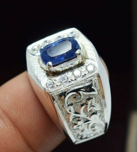 Mens sapphire ring natural blue ceylon sapphire bague handmade silver jewelry