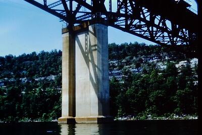 Vintage Kodachrome Slide Photograph  Bridge Over Calm River and Forested Hills