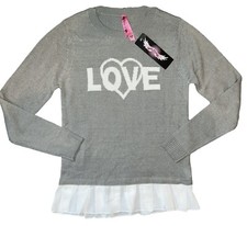 So Nikki Girls Chiffon Ruffle Gray LOVE Sweater Tunic Size S 7-8 NEW