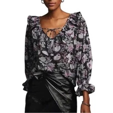 MILLE Resort & Travel May Black Floral Top Blouse Ruffly Size S 3/4 Sleeve NWT