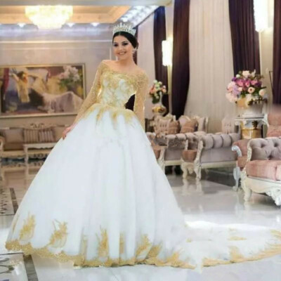 Vintage Gold Lace Applique Wedding Dresses Tulle Bridal Gowns with Chapel Train | eBay Vintage Gold Lace Applique Wedding Dresses Tulle Bridal Gowns with Chapel Train | eBay