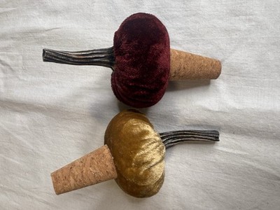 LOT x 2 Pumpkin Bottle Stopper Cork Felt Stem Maroon & Tan
