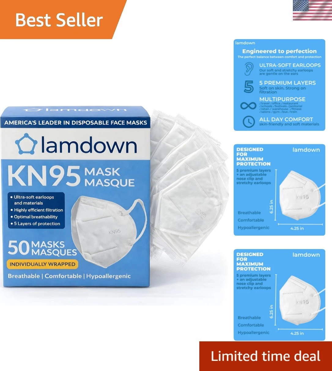 50-Pack KN95 Face Masks, Individually Wrapped, Disposable Dust Mask, White