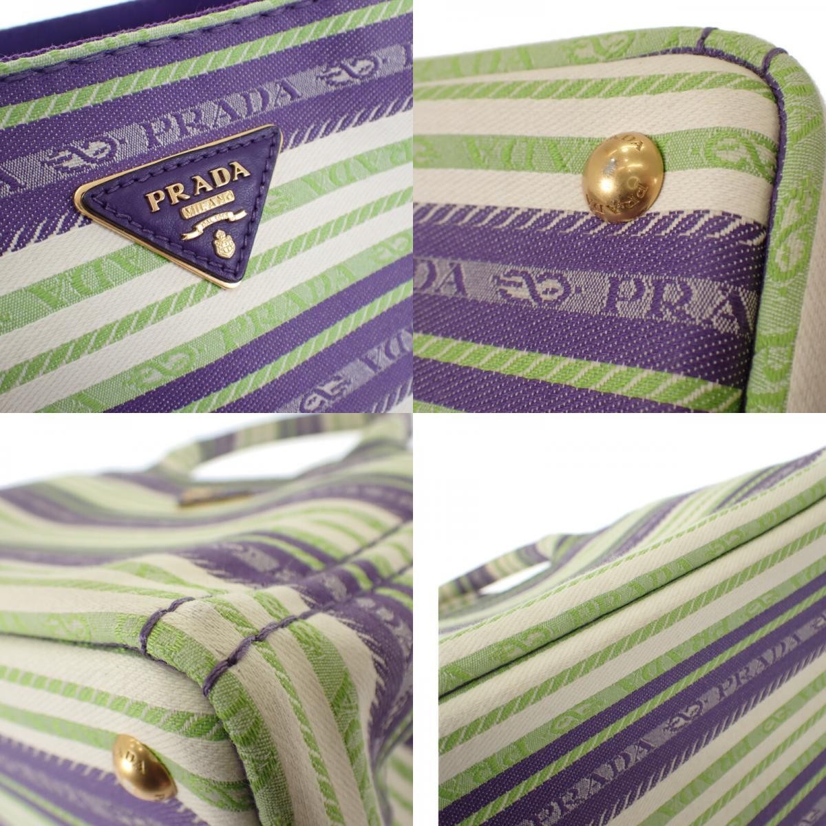 PRADA Canapa Tote Border 1BG439 2WAY Shoulder Bag Canvas Purple Green Ladies Use thumbnail 8