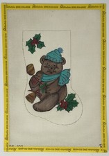 Vtg Hand Painted Christmas Teddy Bear Stocking Needlepoint Canvas 18 Count