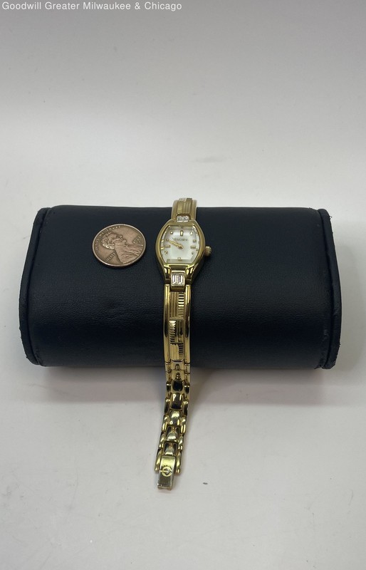 Elgin Mother Of Pearl Dial Rhinestone Gold Tone Watch 38.9g