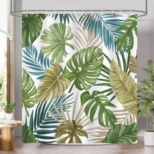 Tropical Leaves Shower Curtain, Green Palm Leaf Monstera Botanical Plant Summ...