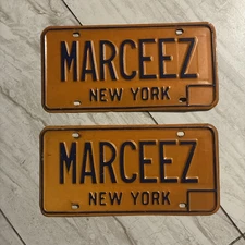New York State Licenses Plate Tags Pair Set MARCEEZ  Vanity Blue Yellow   L@@K