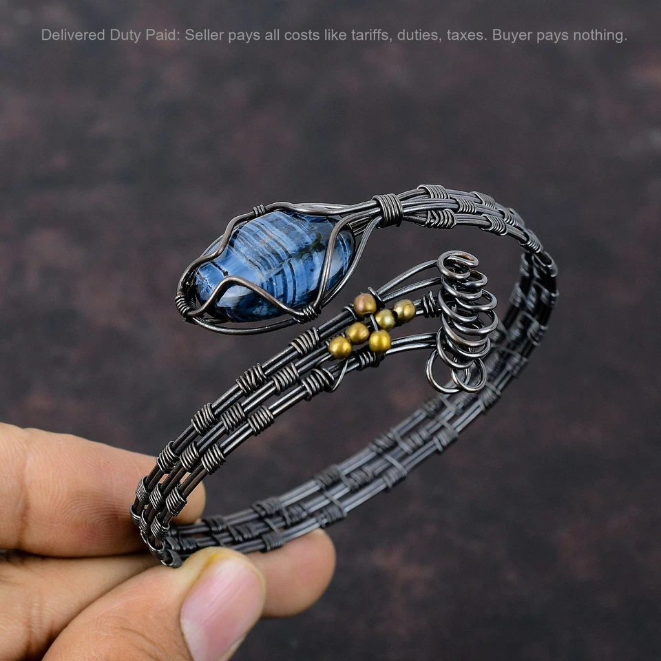 Copper Oval Pietersite Gemstone Anniversary Wire Wrapped Trendy Art Deco Cuff - Image 1 of 4