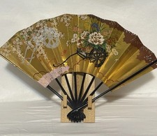 Vtg Japanese Kazari Sensu Fan Kyoto Flower Cart Surrounded By Cherry Blossoms