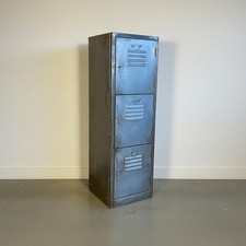 VINTAGE INDUSTRIAL STRIPPED METAL CABINET CUPBOARD 3 DOOR LOCKER STORAGE #4798