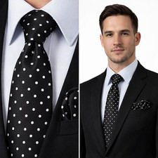 Twill Men's Tie & Hankie Black White Silver Polka Dot Silk FREE Pocket Hanky Set
