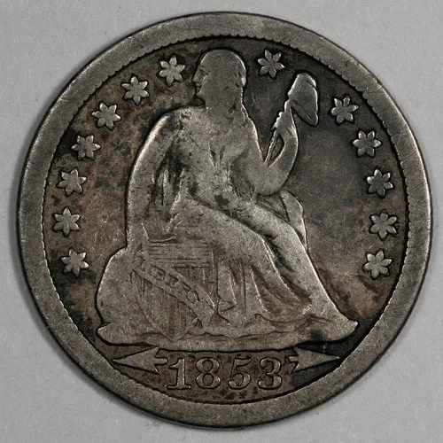 1853-P Seated Liberty Silver Dime With Arrows, Philadelphia, F-VF, Attractive