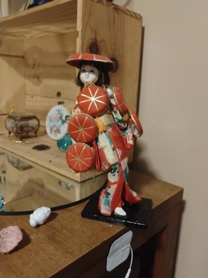 Vintage Japanese Geisha Doll In Red Kimono With Red Hat And Decorated Drums