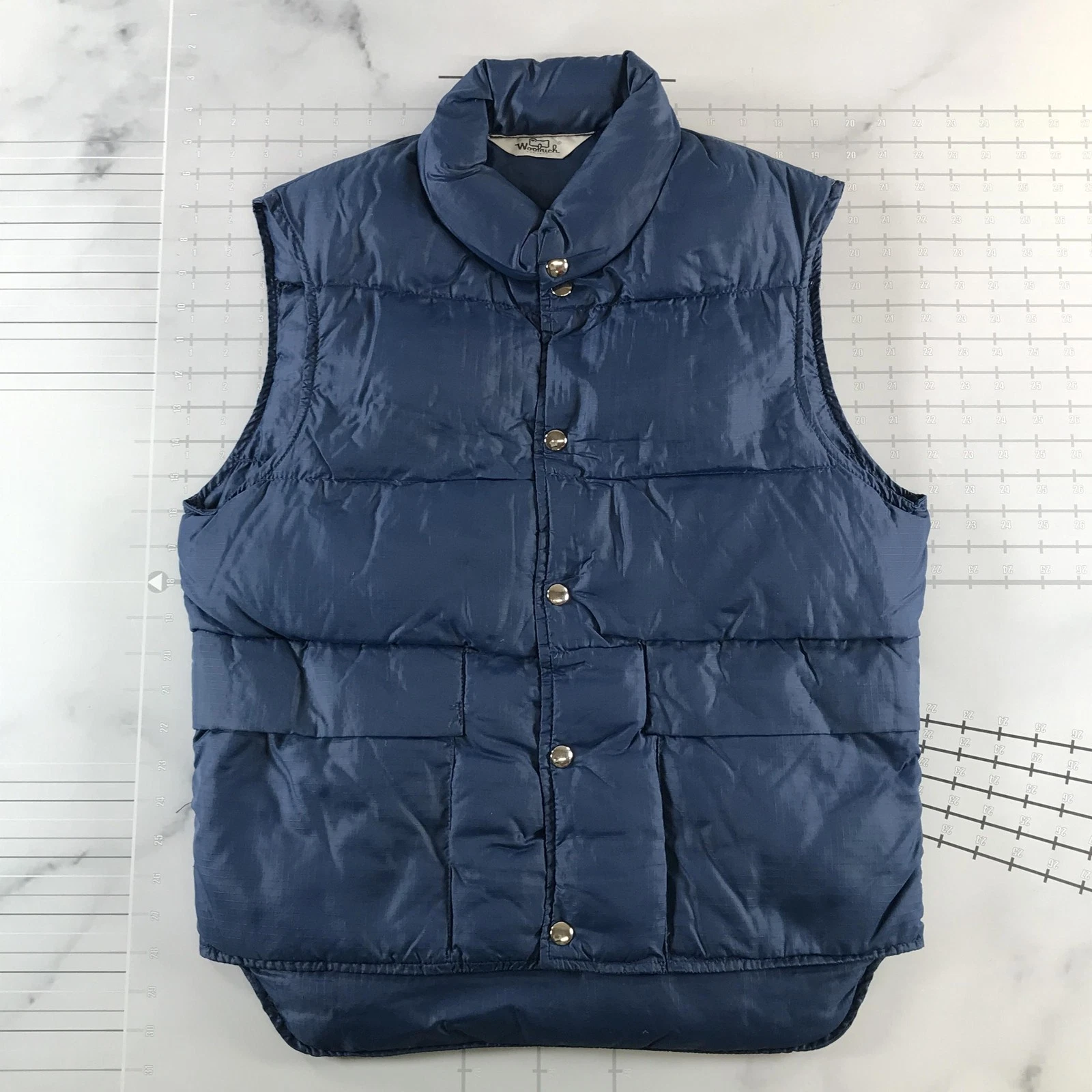Vintage Woolrich Vest Mens Small Blue Nylon Down Quilted Puffer Insulated Snaps