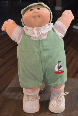 Cabbage Patch HM3 Bald Boy Corduroy One Piece Outfit Green Eyes Vintage 